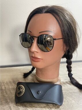 Women's RAY-BAN 3447 Round BLACK Metal MIRROR Designer SUNGLASSES Size 50 - 21